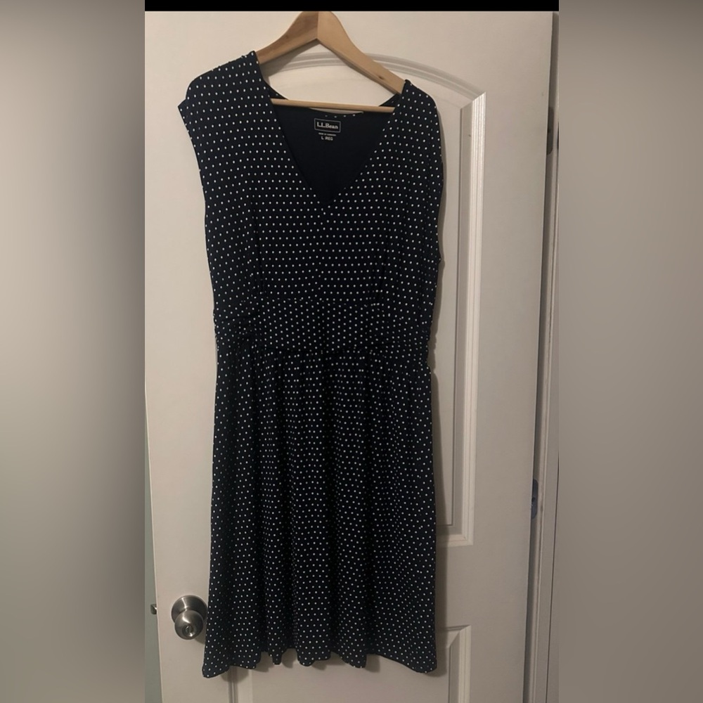 L.L. Bean Dress Polka Dot Dress V Neck Sleeveless Blue Size L (M22)